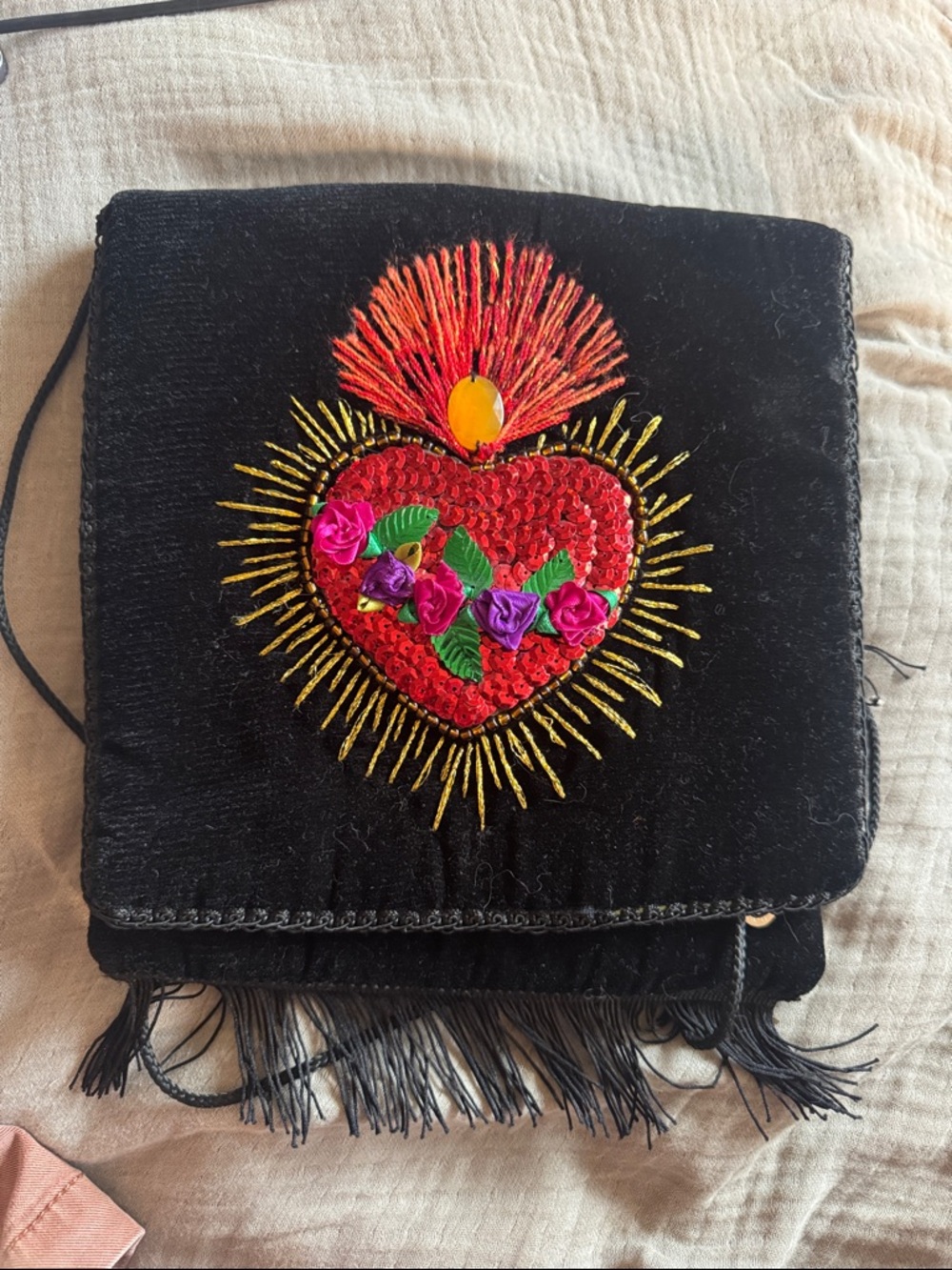 Embroidered Black Velvet Heart Crossbody Bag